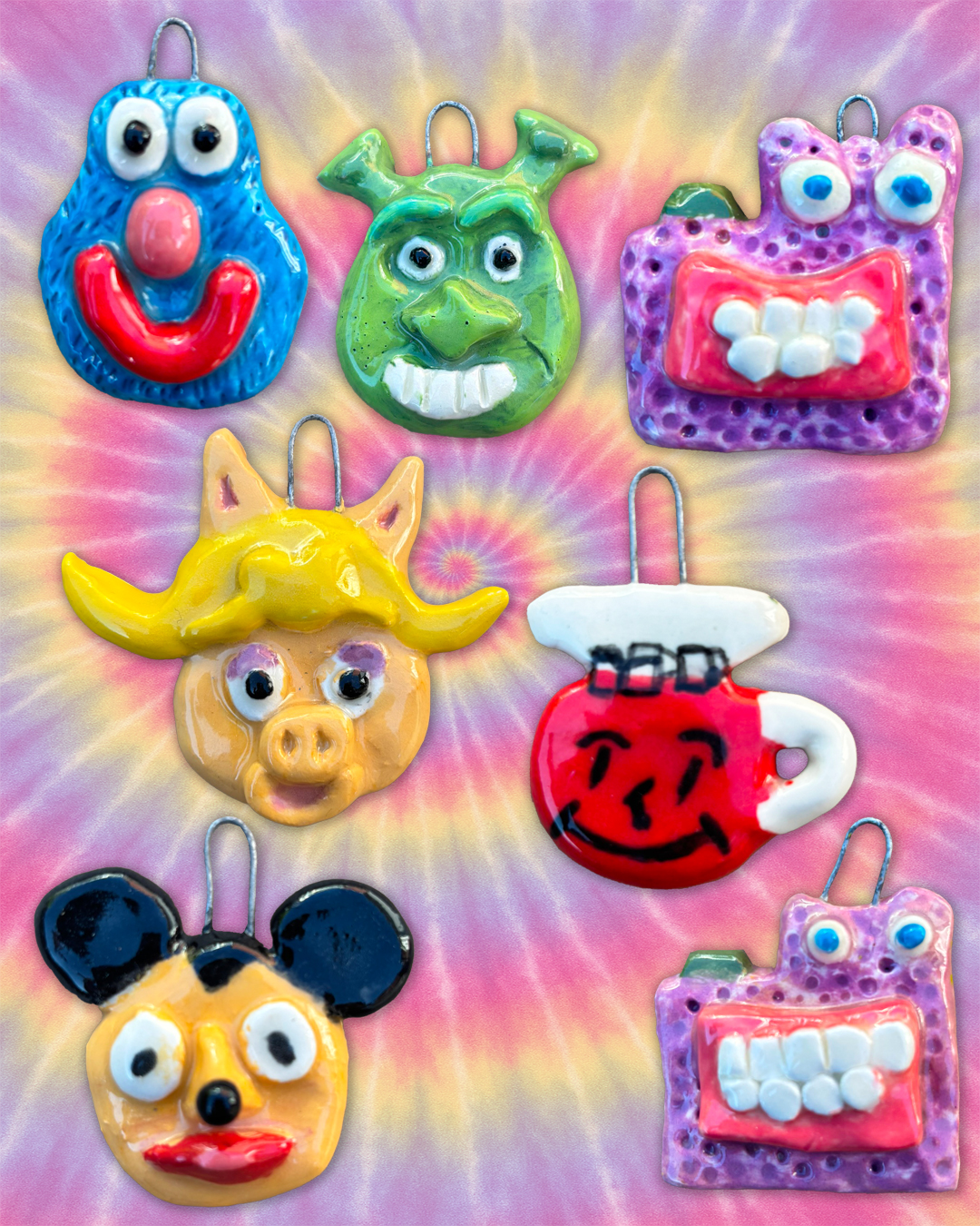 jonathan rotsztain ceramics cartoon pop culture character head pendants